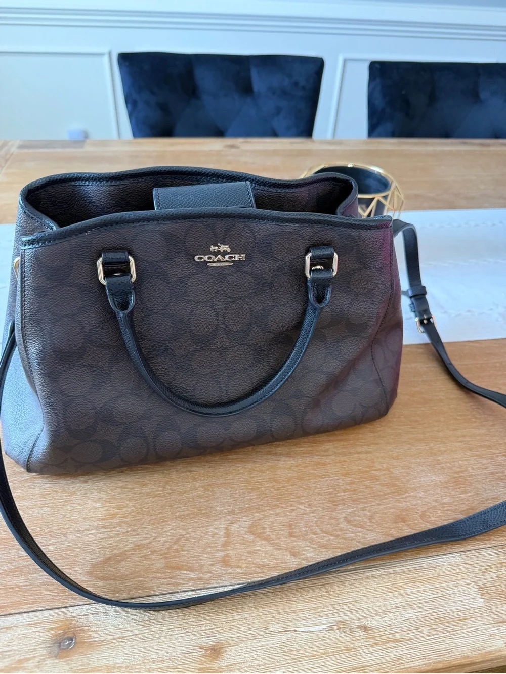 Coach Dark Brown Signature Satchel with Black Trim